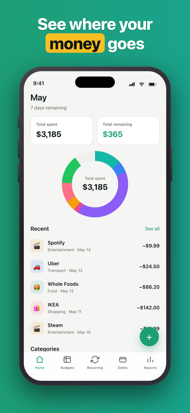 Penno home screen with the monthly spending donut